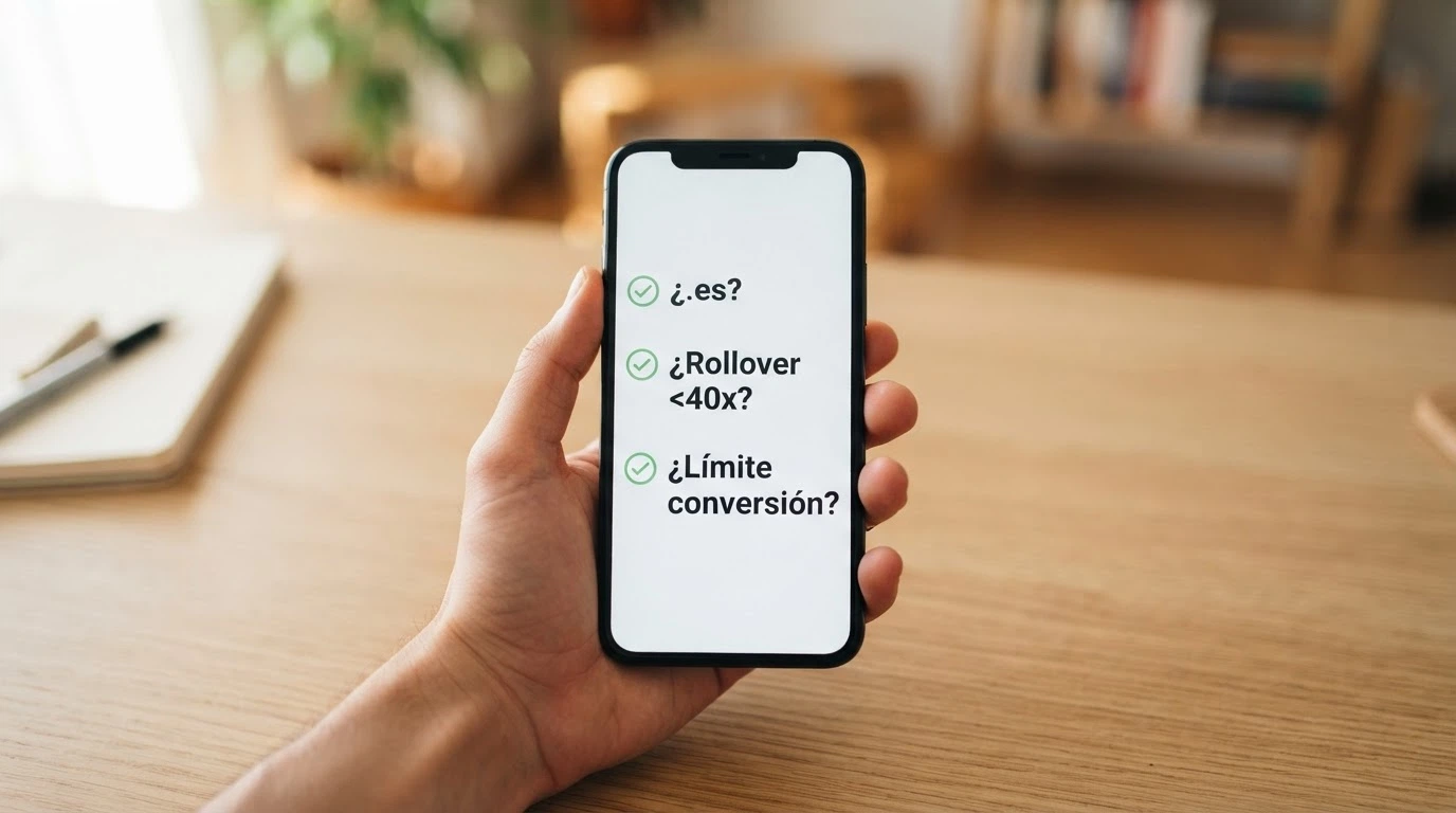 Mano sujetando un móvil con una lista de comprobación: «¿.es? ✓ ¿Rollover <40x? ✓ ¿Límite conversión? ✓»