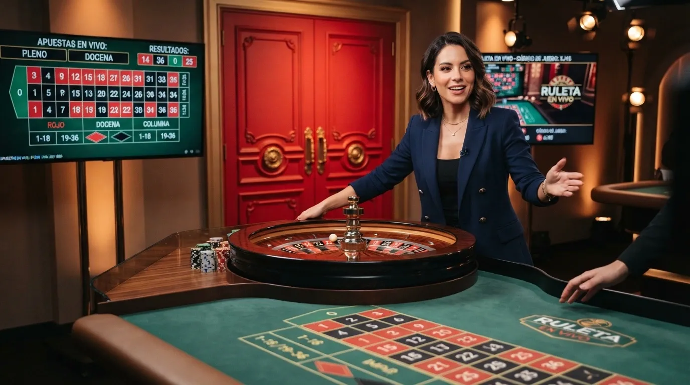 Presentador nativo de Ruleta Puerta Roja En Vivo desde el estudio de Evolution en Murcia, España