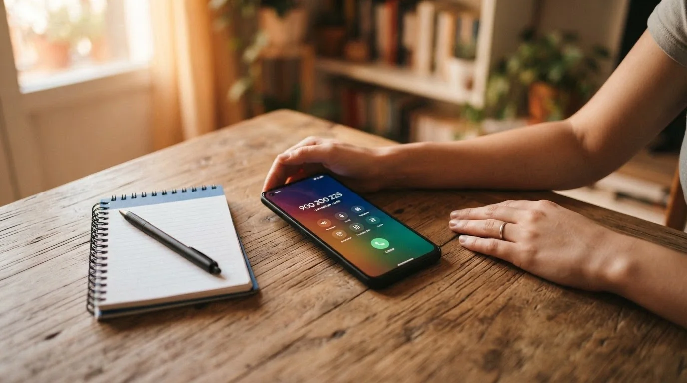 Manos sobre un teléfono marcando el 900 200 225 junto a una libreta con el logotipo de la FEJAR