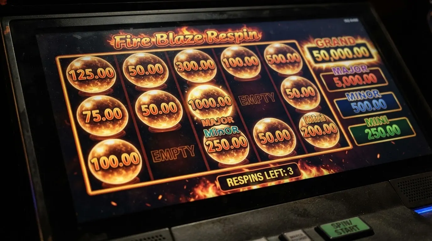 Primer plano de la función Fire Blaze Respin con las bolas de cristal y los cuatro botes