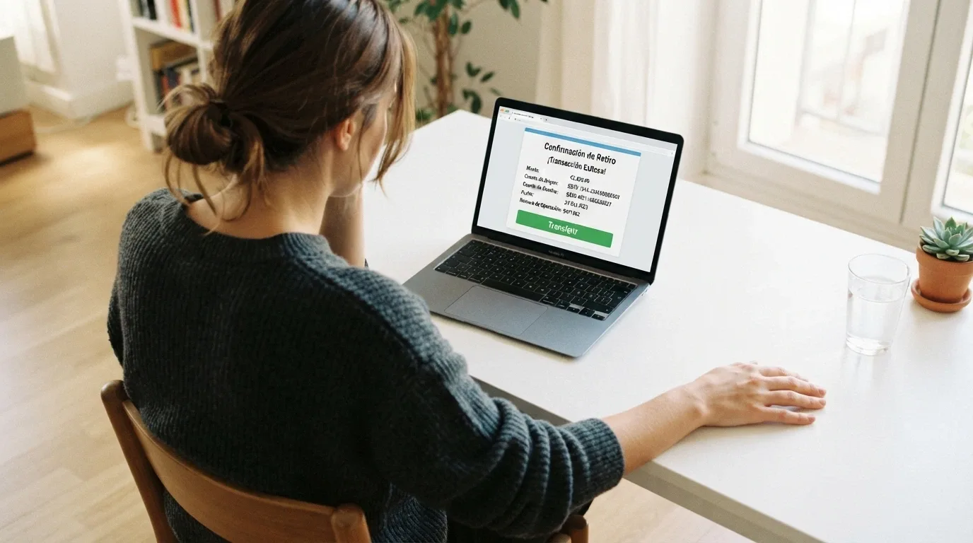 Un jugador sonríe ante la pantalla de retirada de un casino online con el botón de transferir saldo real activo.