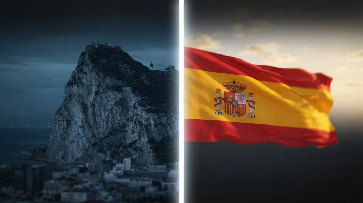 Imagen conceptual del Peñón de Gibraltar y la bandera de España separados por una línea divisoria