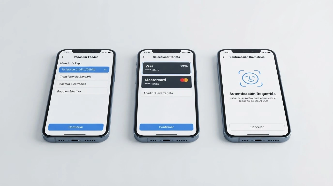 Secuencia de tres pantallas en un iPhone: selección de Apple Pay en el cajero del casino, elección de la tarjeta vinculada en Cartera y confirmación con Face ID