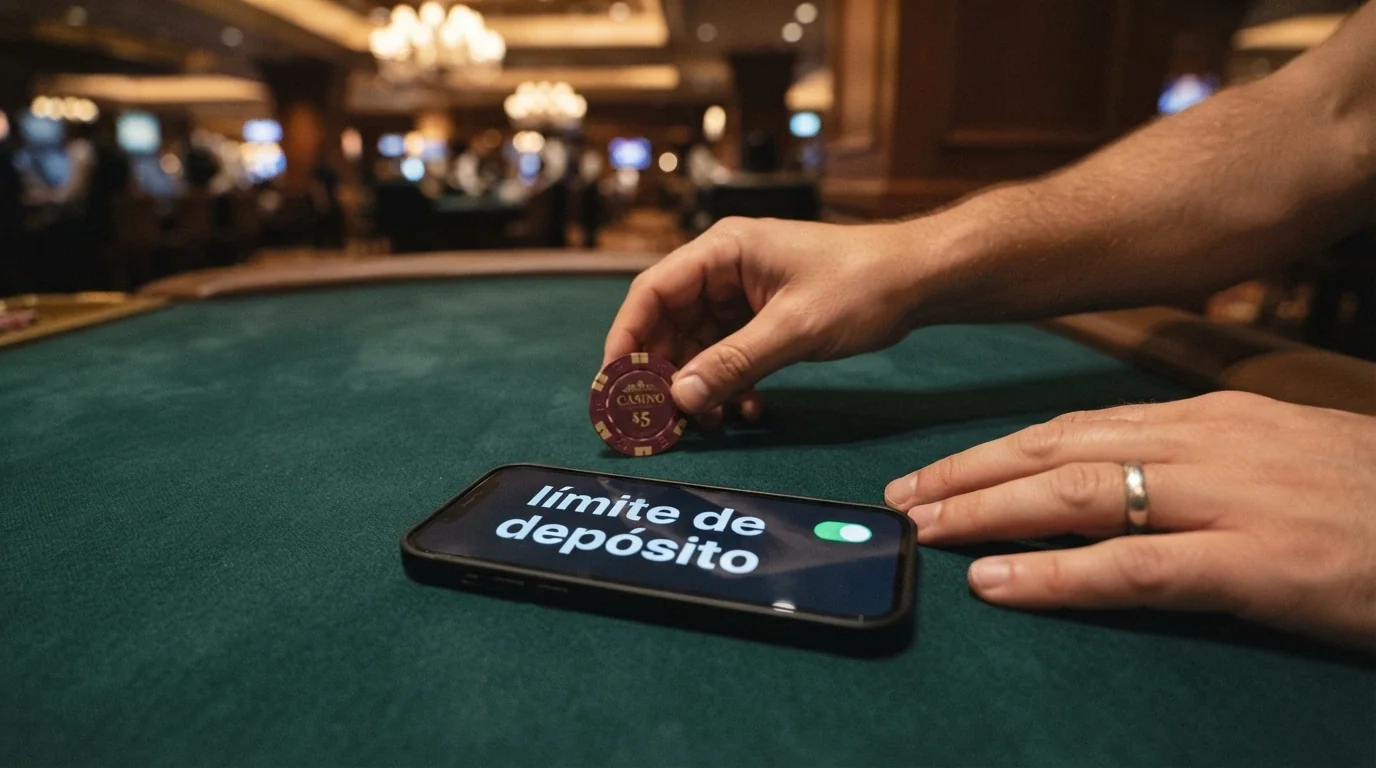 Una mano que aparta suavemente una ficha de casino con el texto «límite de depósito» activado en la pantalla de un móvil