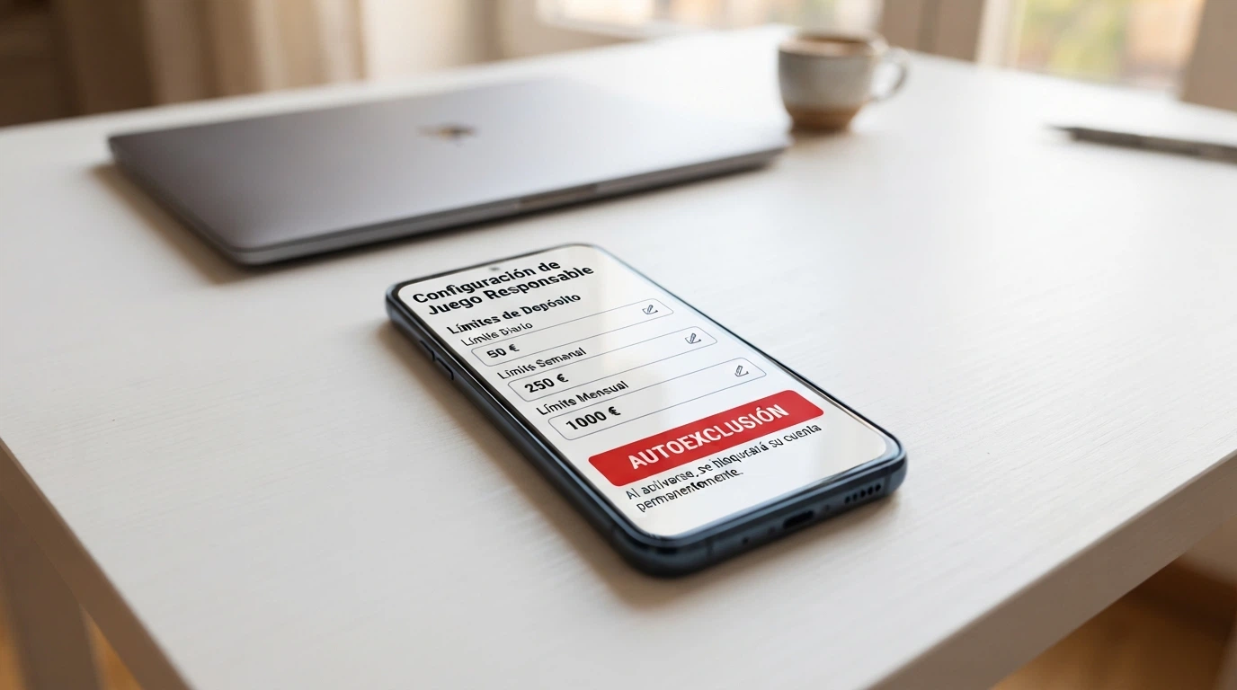 La pantalla de configuración de límites de depósito de un casino online español, con los campos de límite diario, semanal y mensual visibles y un botón de autoexclusión