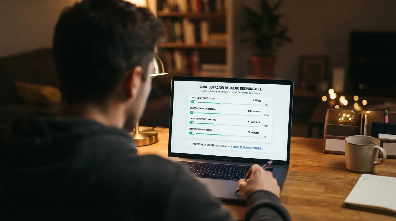 La pantalla de configuración de límites de depósito y sesión de un casino online español, con los controles de autoexclusión y el enlace al RGIAJ visibles