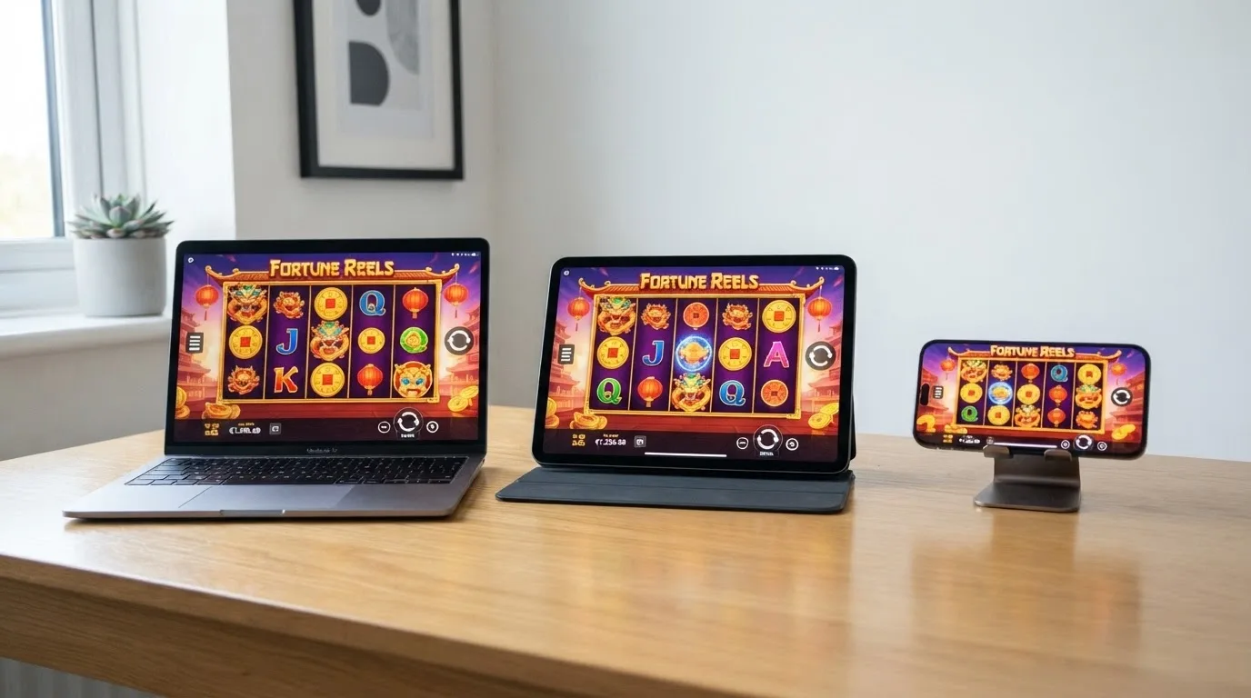 El mismo juego de casino abierto simultáneamente en un ordenador portátil, una tableta y un teléfono móvil, mostrando compatibilidad multiplataforma