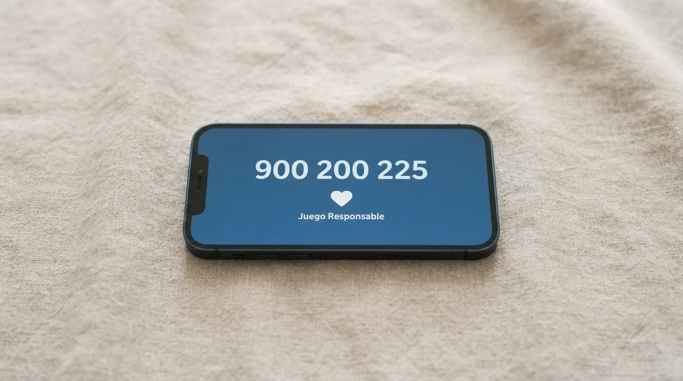 Primer plano de un teléfono móvil con el número 900 200 225 en la pantalla y el logotipo de FEJAR, sobre un fondo azul sereno con el texto «juego responsable»