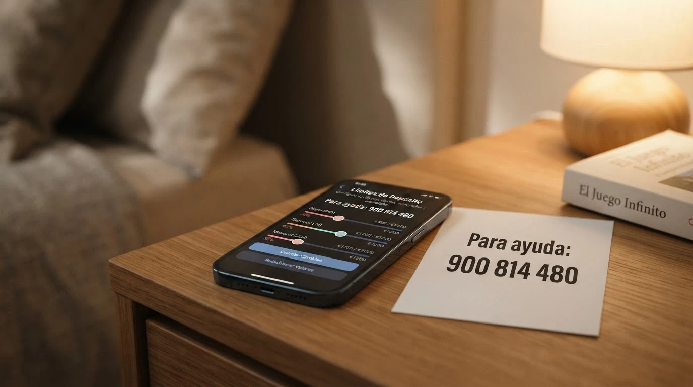 Teléfono móvil con la pantalla de ajustes de límites de depósito de un casino online junto a una tarjeta con el número de atención de la DGOJ: 91 425 08 11
