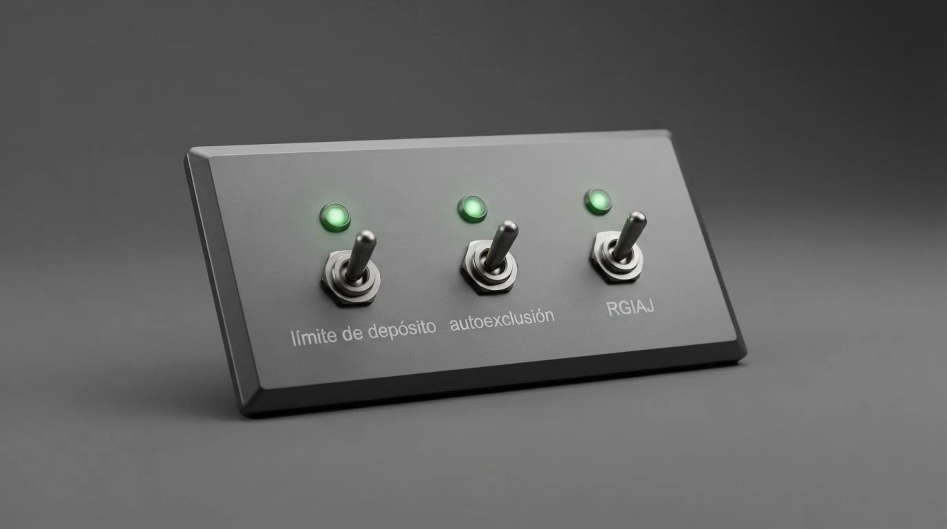 Imagen conceptual de un panel de control con interruptores etiquetados como «límite de depósito», «autoexclusión» y «RGIAJ», iluminados en verde.