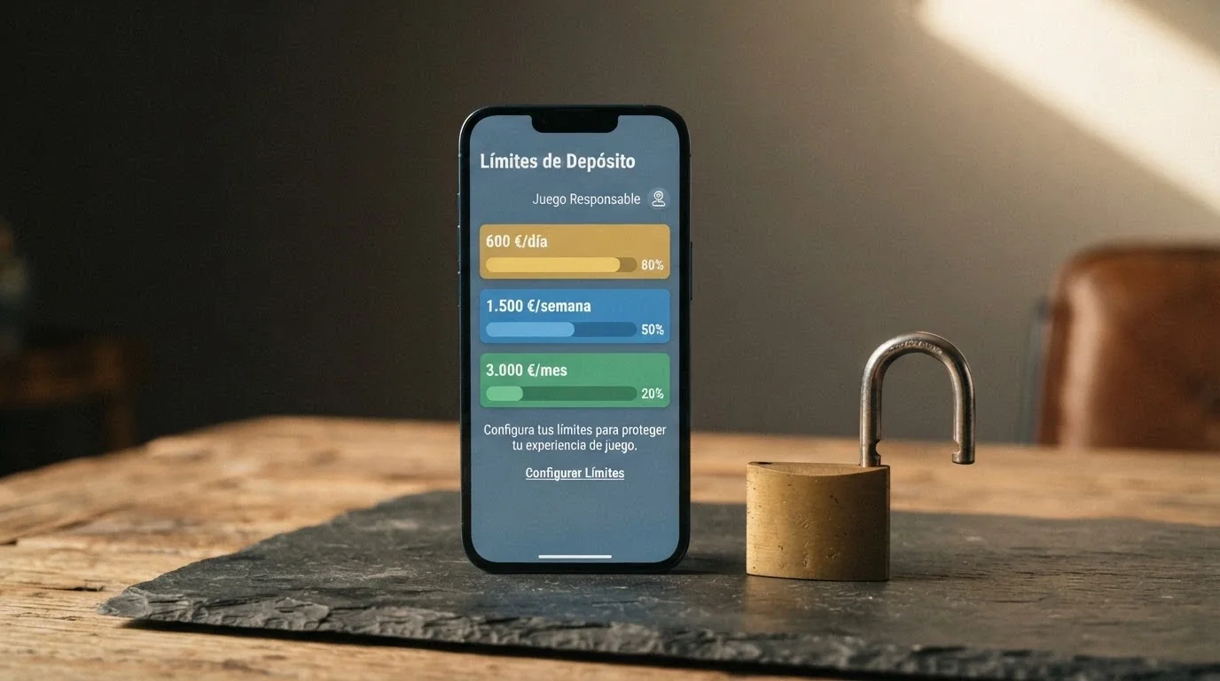 Un panel de control de límites de depósito con los umbrales DGOJ (600 €/día) junto a un candado abierto sobre el logo de Litecoin, representando la ausencia de límites en casinos offshore