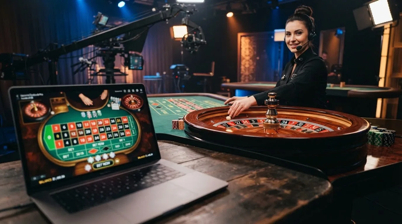 Ruleta de casino en vivo con un crupier real y una interfaz que muestra el saldo en LTC convertido, con slots de proveedores reconocidos en segundo plano