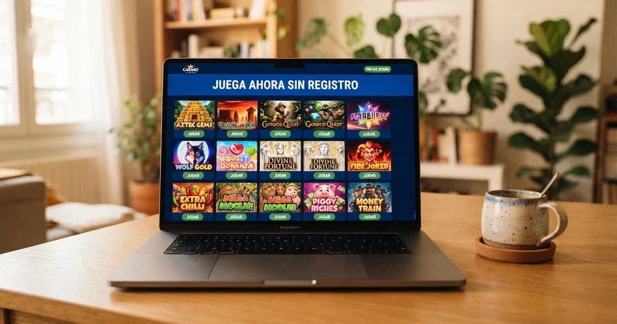 Pantalla de inicio de un portal de juegos de casino con el mensaje «juega ahora sin registro» y una cuadrícula de carátulas de tragaperras en miniatura