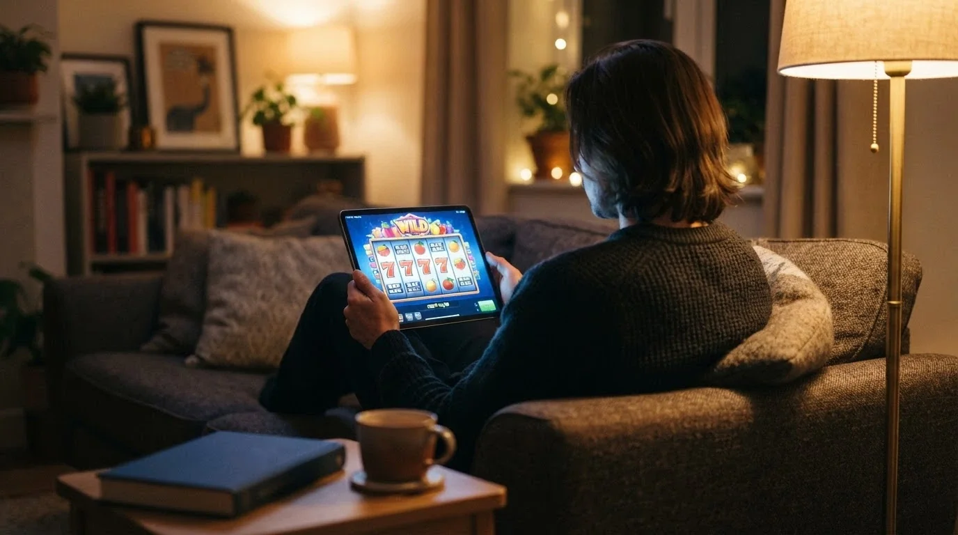 Jugador consultando ofertas de casino online en una tableta o portátil, con expresión reflexiva, en un entorno doméstico