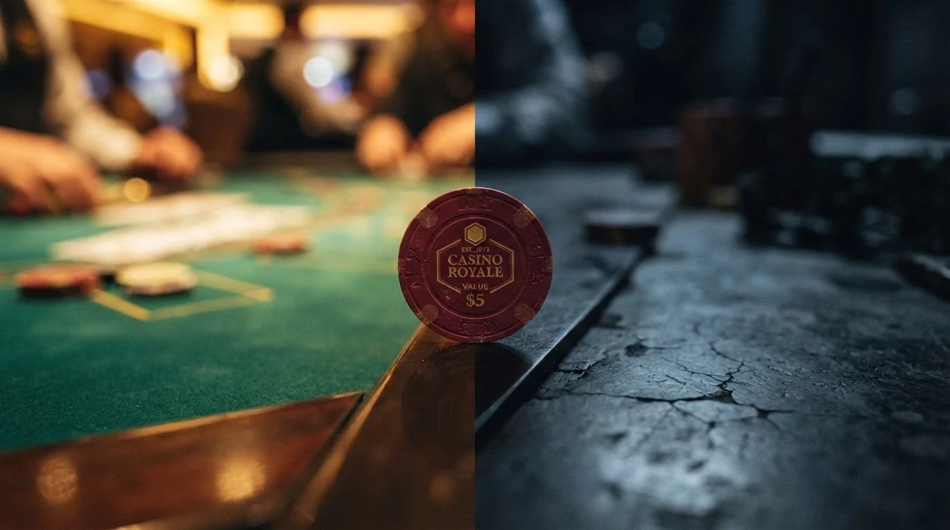 Una ficha de casino con el logo de BNB en el centro, apoyada sobre el borde entre una mesa de juego iluminada y una zona en sombras