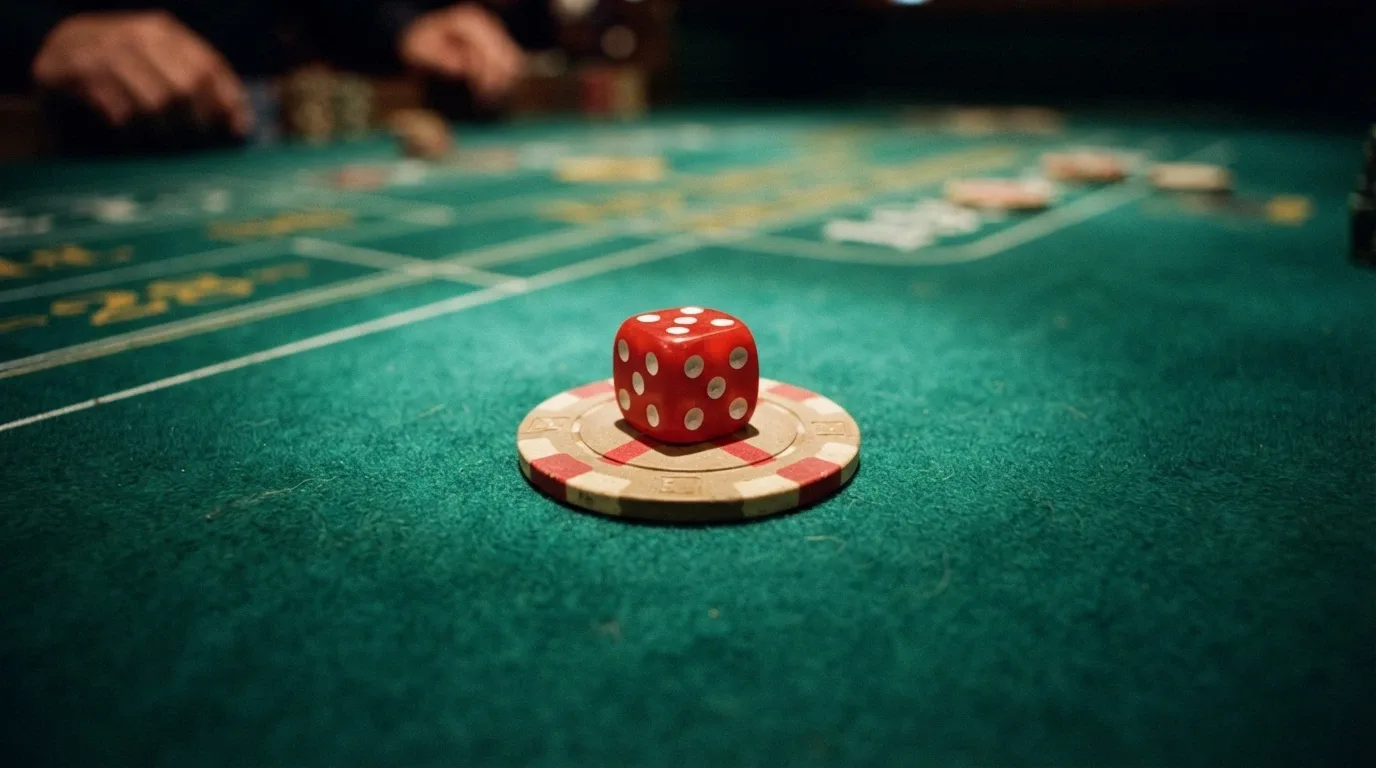 Un dado apoyado sobre un billete de 5 euros tachado con una línea roja, sobre el fondo verde de un tapete de casino