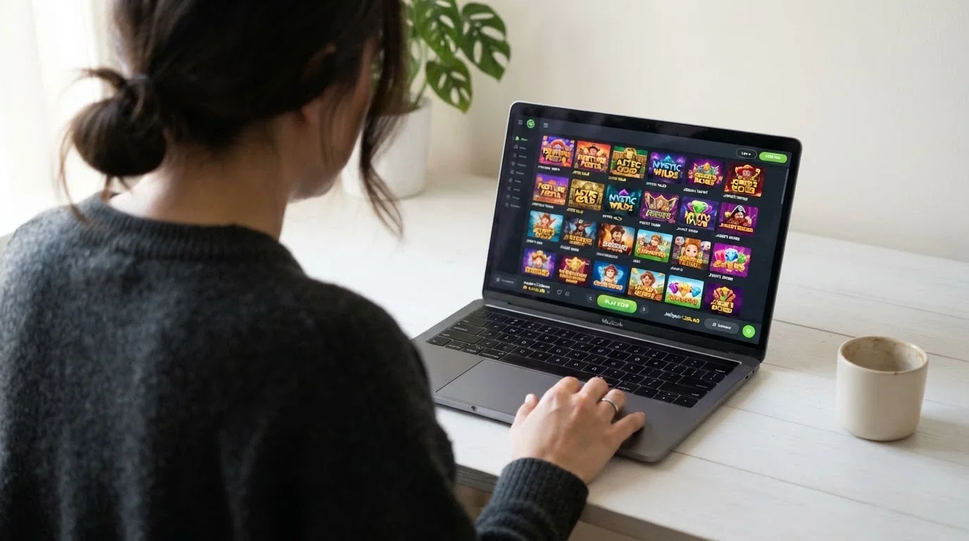 Pantalla del lobby de LeoVegas España con el logotipo del operador y una selección de slots de Hacksaw Gaming destacados en la cuadrícula de juegos