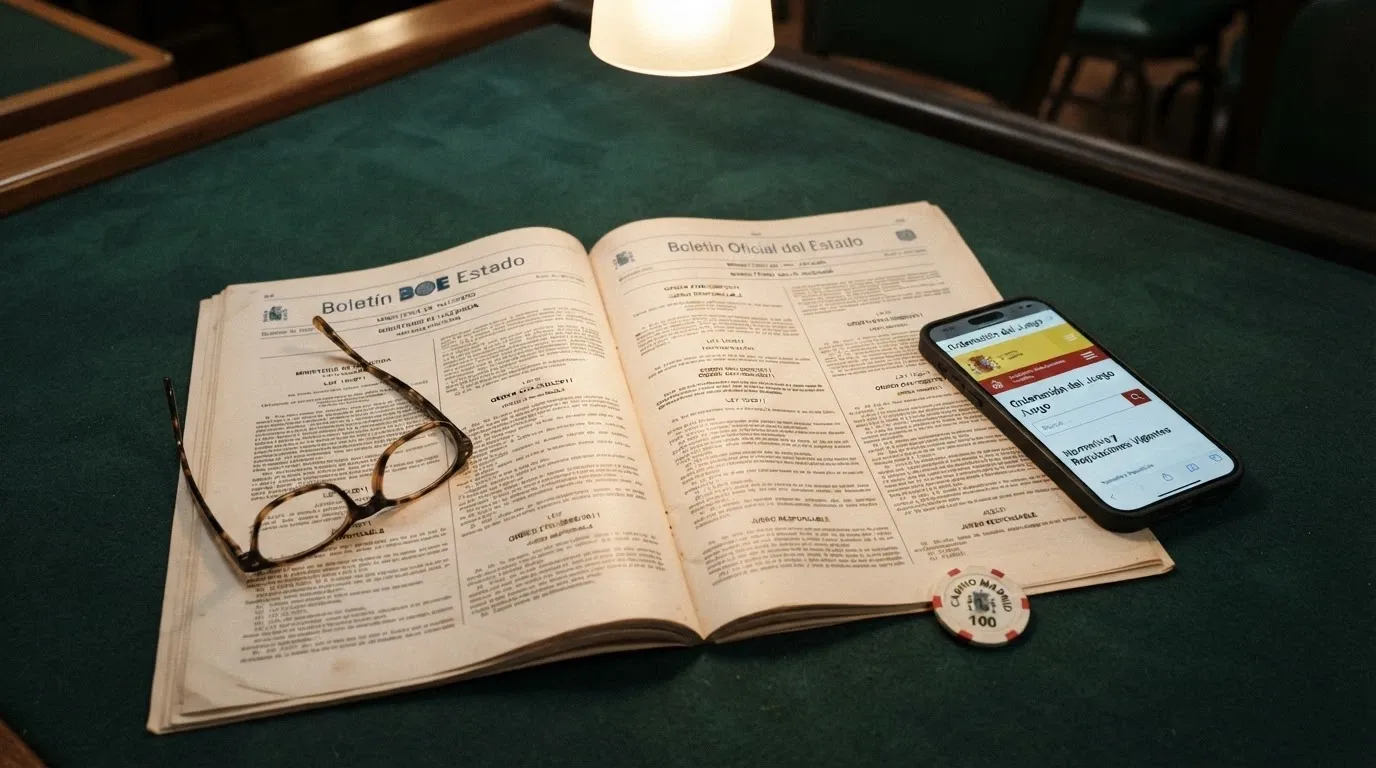 El BOE abierto sobre una mesa de juego con el artículo del real decreto sobre límites de depósito visible y un móvil mostrando la web ordenacionjuego.es