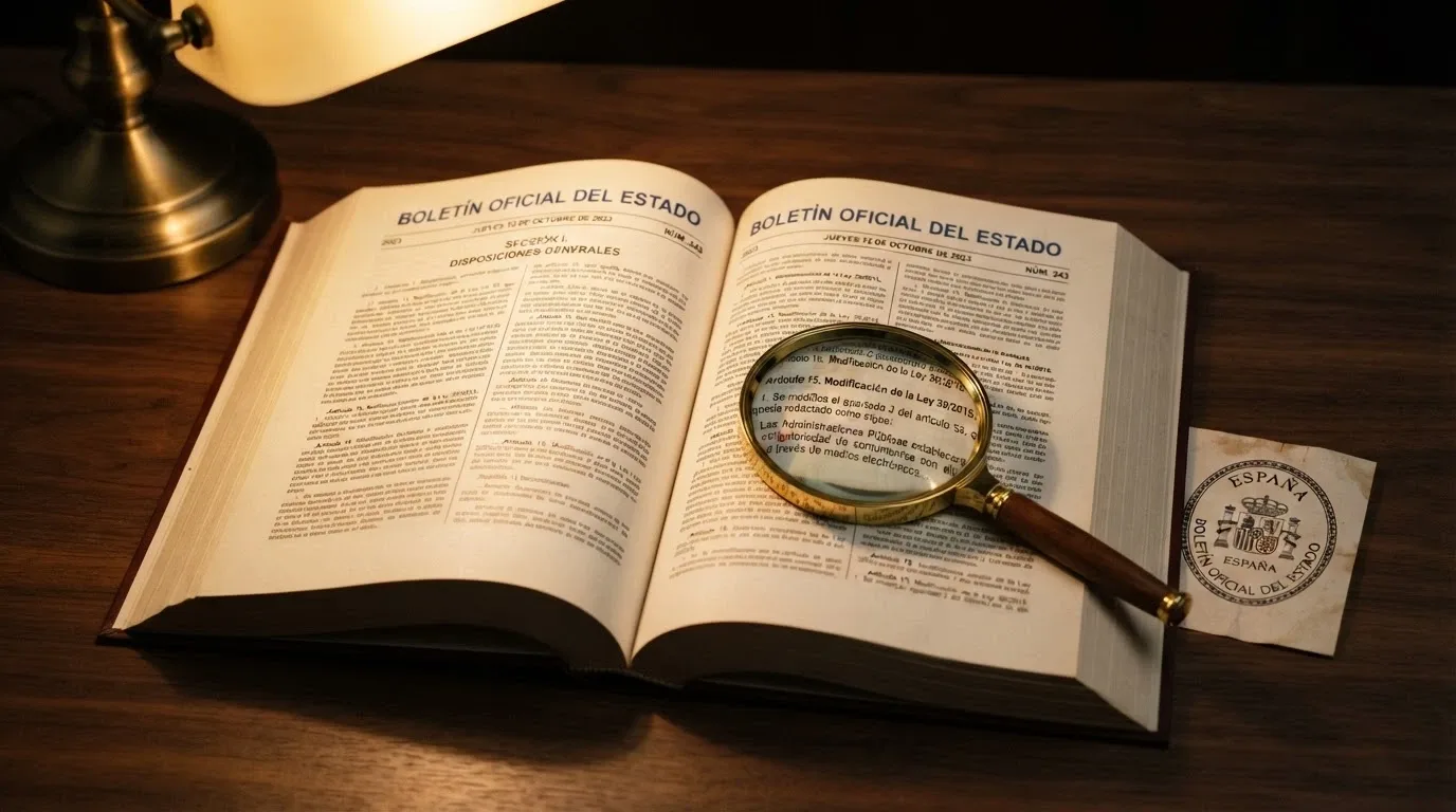 El BOE abierto sobre una mesa con una lupa que amplía el texto de la Ley 13/2011 junto al logotipo de la DGOJ