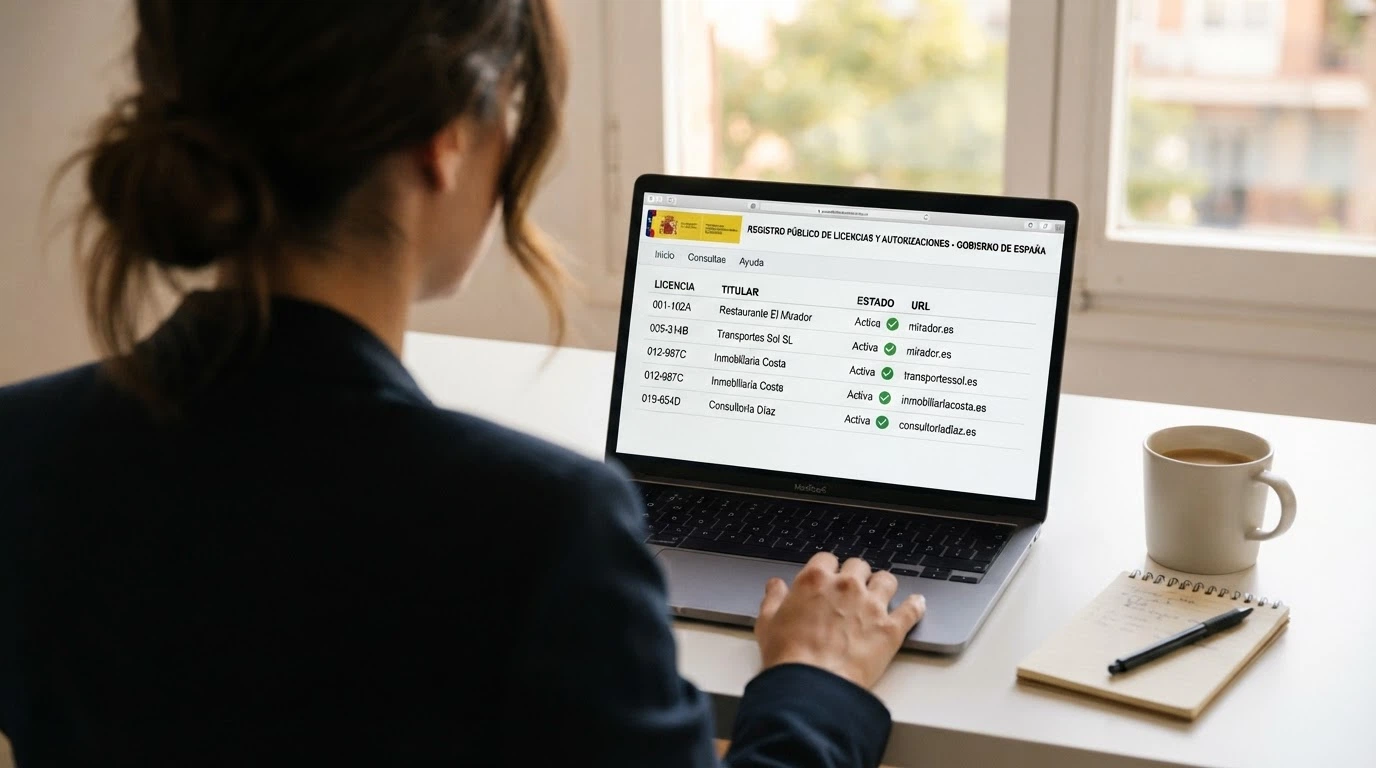 Pantalla del registro oficial de operadores de la DGOJ en ordenacionjuego.es mostrando la ficha de un operador con licencia activa y su dominio .es