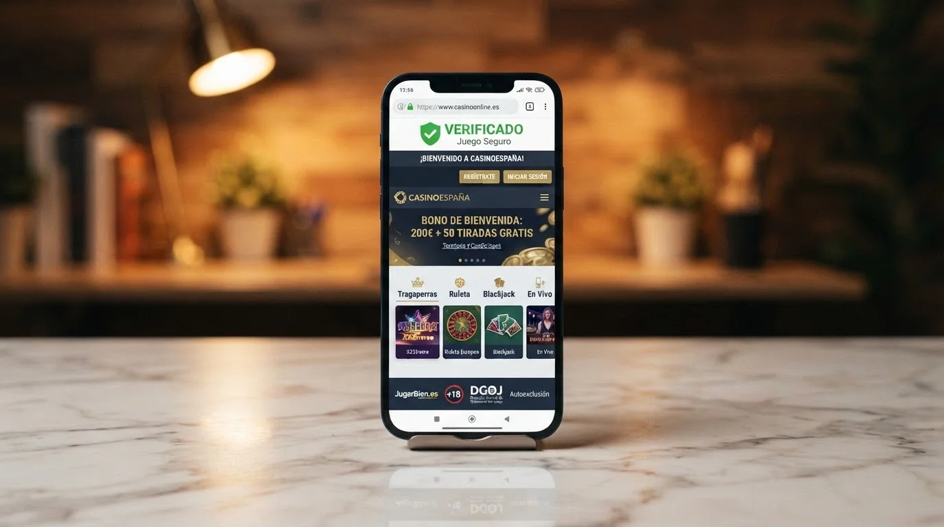 Un teléfono móvil mostrando el sello de la DGOJ y el dominio .es en la barra del navegador de un casino