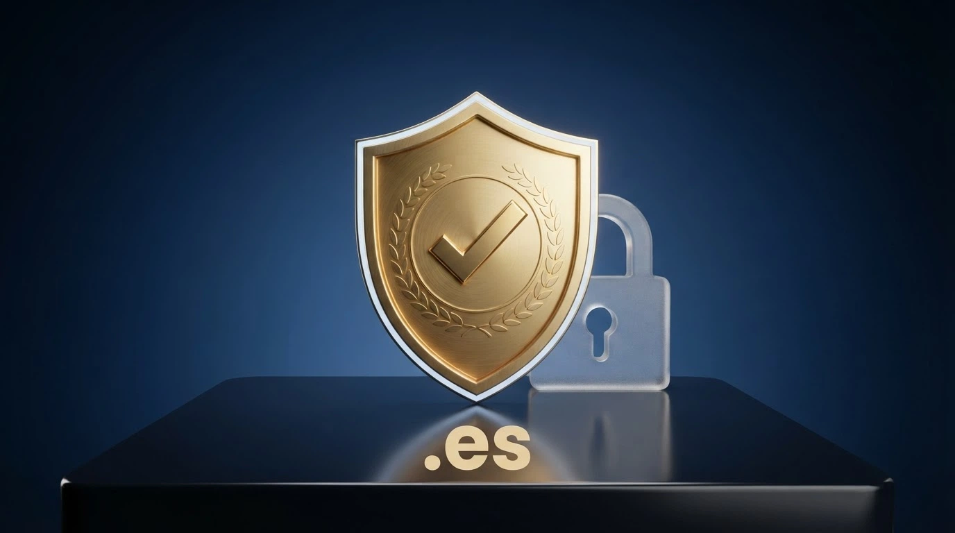 Logotipo de la DGOJ junto al dominio .es de un operador autorizado y un candado de seguridad, sobre un fondo azul institucional
