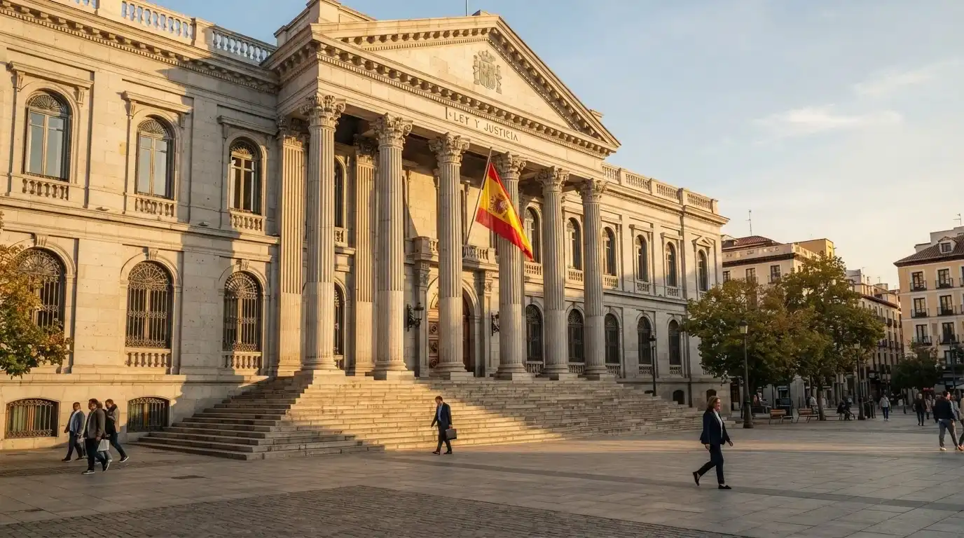 El logotipo de la DGOJ sobre la bandera de España junto a la fachada de un edificio oficial.