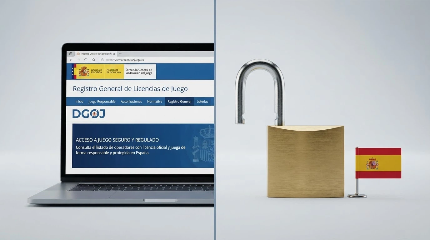Una pantalla dividida: a la izquierda, la web de la DGOJ con el escudo oficial y el dominio ordenacionjuego.es; a la derecha, un candado abierto sobre la bandera de España