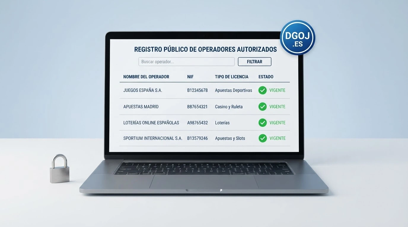Pantalla del registro público de la DGOJ en ordenacionjuego.es con el listado de operadores autorizados y el sello de dominio .es visible