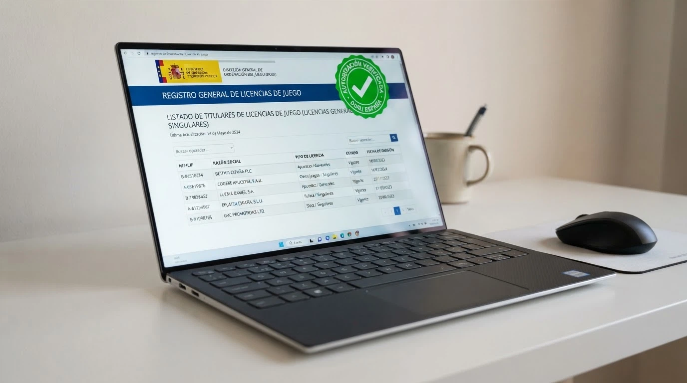 Pantalla del registro público de la DGOJ en ordenacionjuego.es con el listado de operadores autorizados y el sello de licencia visible