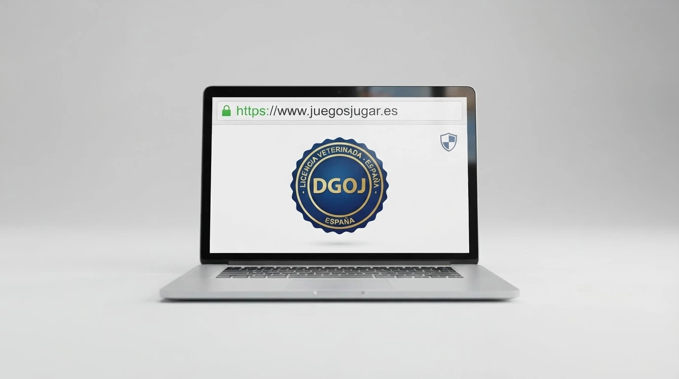Logotipo de la DGOJ junto al sello de juego seguro y el dominio .es en la barra de direcciones de un navegador