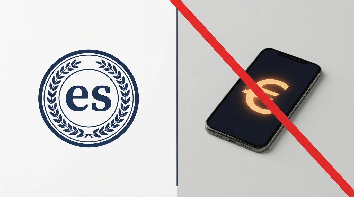 Pantalla dividida: a la izquierda el sello de la DGOJ con el dominio .es, a la derecha una wallet de criptomonedas con el símbolo de prohibido