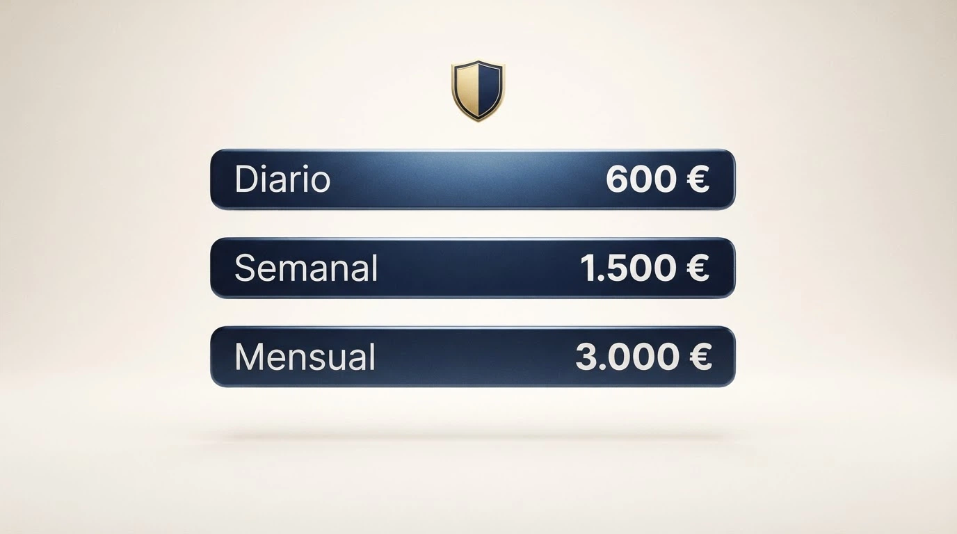 Representación visual de los límites de depósito actuales: 600€ al día, 1.500€ a la semana y 3.000€ al mes, con el escudo de la DGOJ