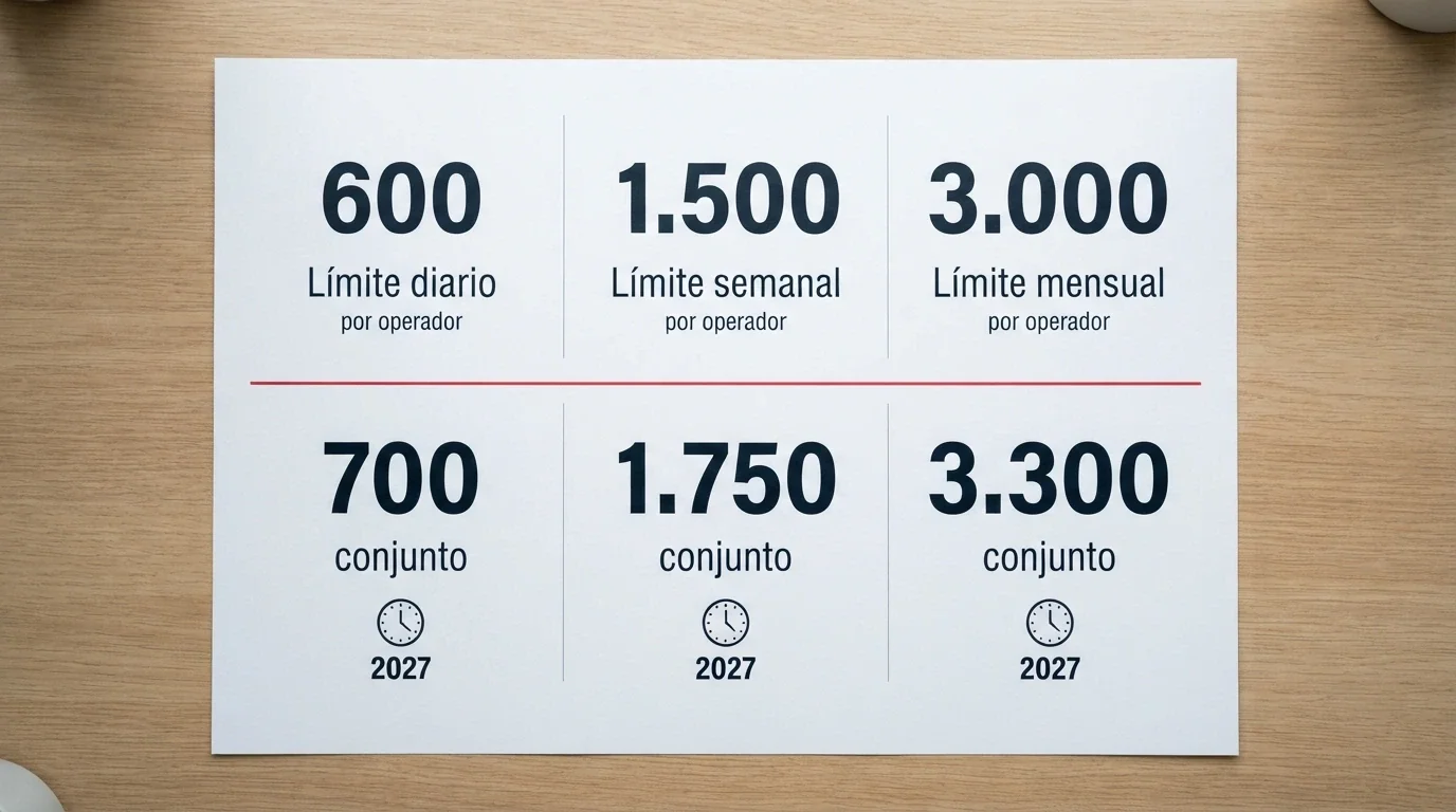 Una infografía con tres columnas que muestran los límites de depósito diario, semanal y mensual vigentes en España, con una segunda fila para los límites conjuntos de 2027