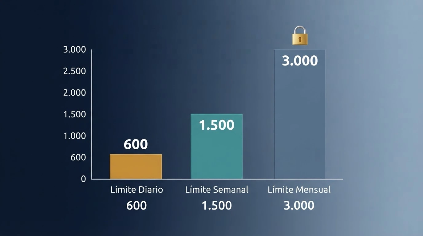 Un gráfico de barras con tres columnas que muestran los límites diario, semanal y mensual superpuestos a la silueta de un candado