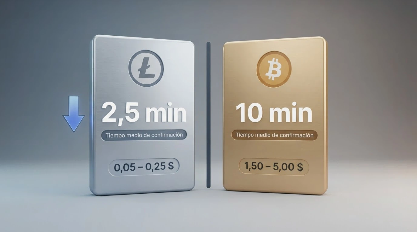 Comparación visual de dos monederos digitales: Litecoin confirmando un bloque en 2,5 minutos frente a Bitcoin en 10 minutos, con las comisiones de red de cada uno