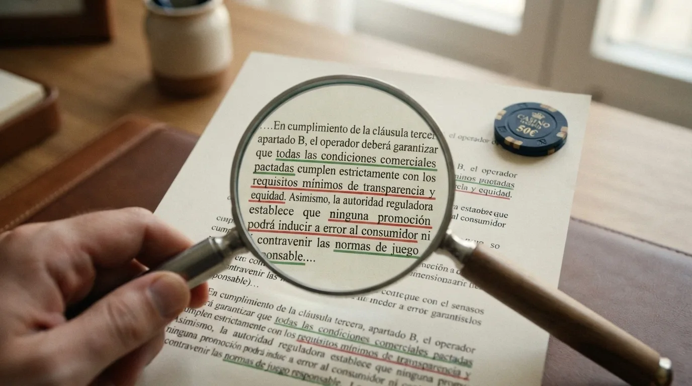 Una lupa sobre los términos y condiciones de un casino con varias cláusulas subrayadas en dos colores: verde para «condición comercial» y rojo para «restricción legal»