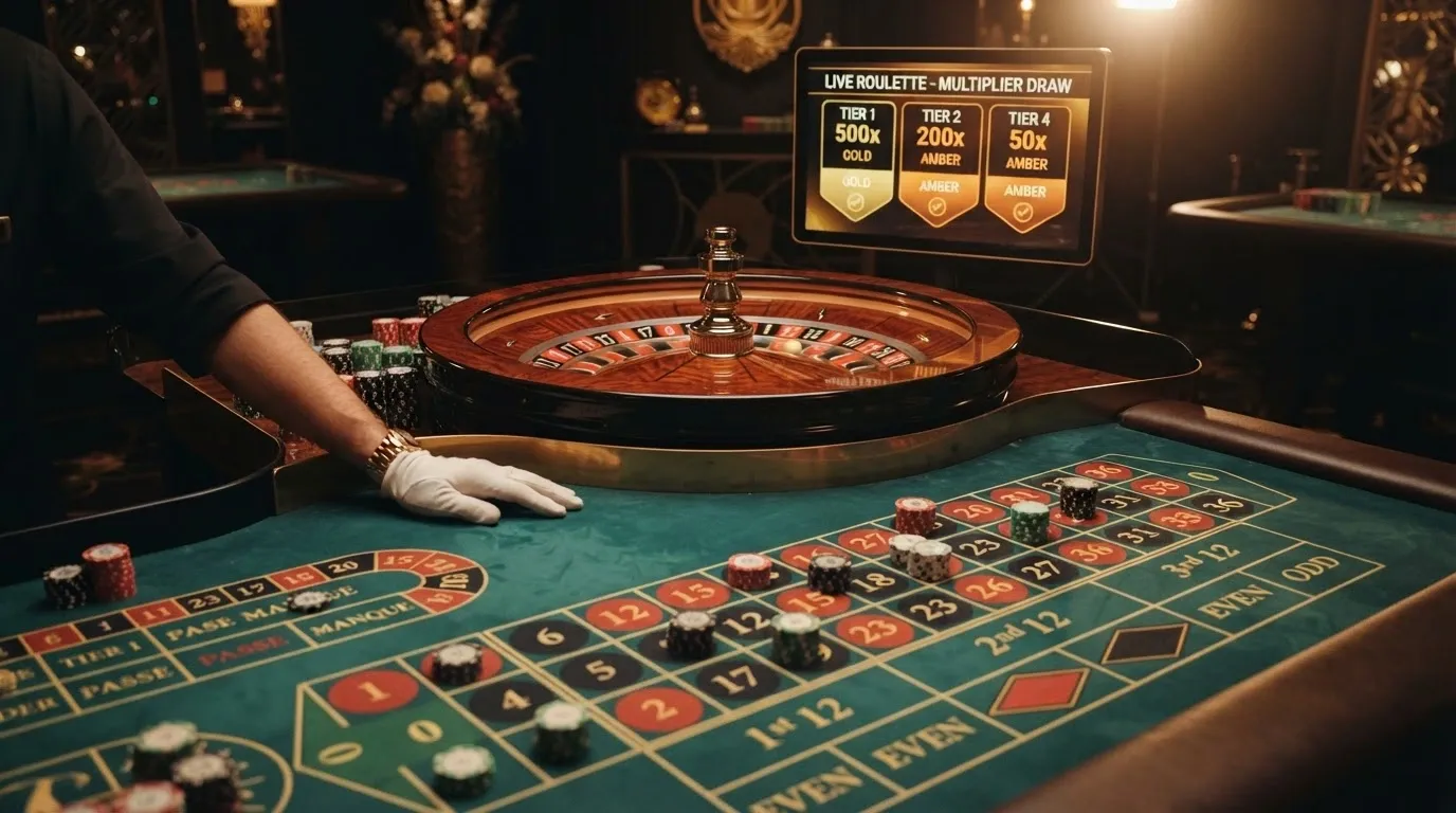 Mesa de Mega Fire Blaze Roulette Live con el crupier y la interfaz de jackpots