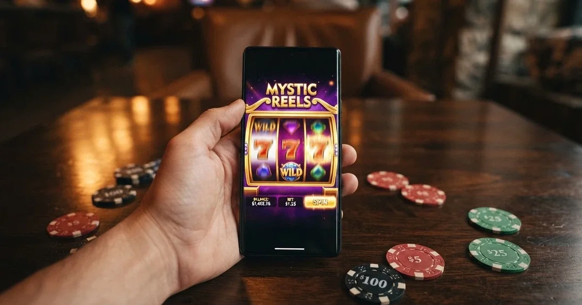 Primer plano de una mano sosteniendo un móvil con una tragaperras en pantalla y varias fichas de casino dispersas sobre una mesa, sin rostros visibles.