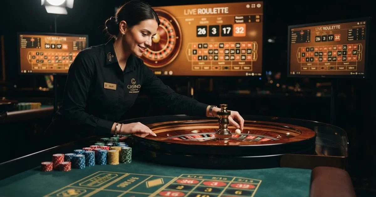 Crupier de Evolution Gaming retransmitiendo una mesa de ruleta en vivo desde un estudio con iluminación profesional y pantalla de juego visible
