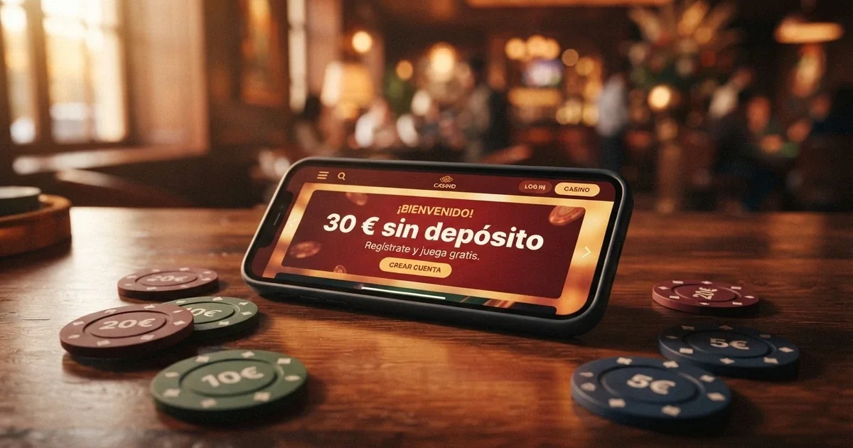 Pantalla de bienvenida de un casino online español con una oferta de bono sin depósito destacada en primer plano