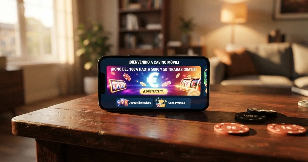 Pantalla de inicio de un casino online español con ofertas de bonos y promociones visibles en la página principal