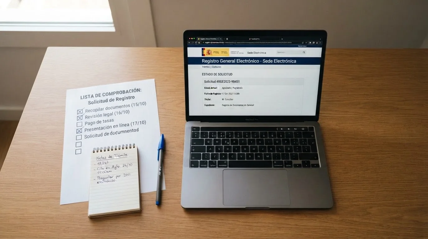 Una mesa de trabajo con una lista de verificación, un portátil mostrando el registro de la DGOJ y anotaciones sobre los criterios de comparación