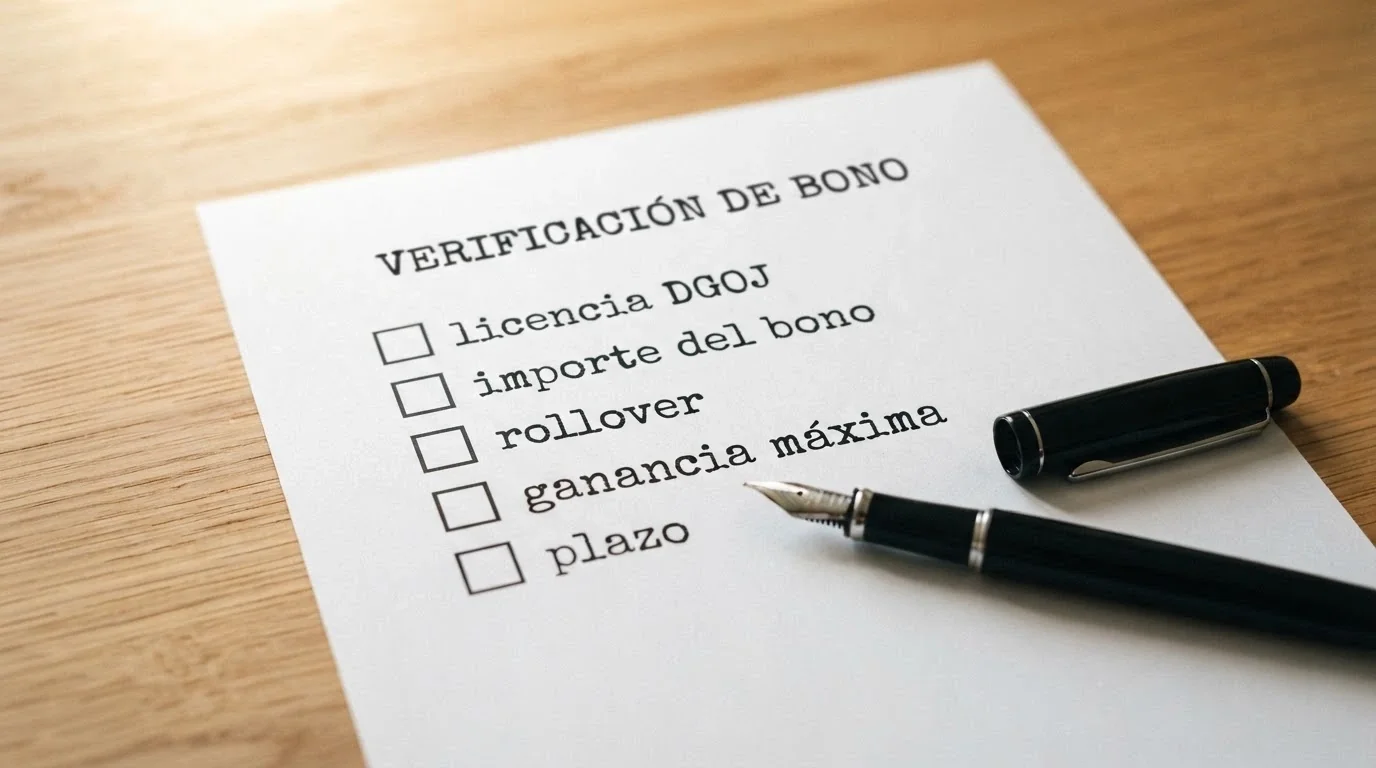 Una lista de verificación sobre un escritorio con los criterios de evaluación: licencia DGOJ, importe del bono, rollover, ganancia máxima, plazo