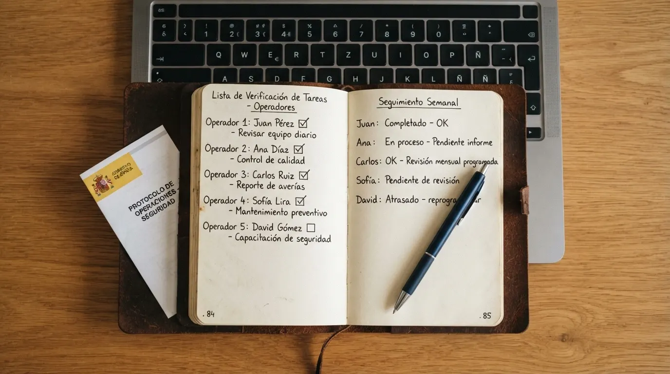 Una libreta de notas sobre un teclado, con checklists marcados junto a los nombres de operadores y el logotipo de la DGOJ
