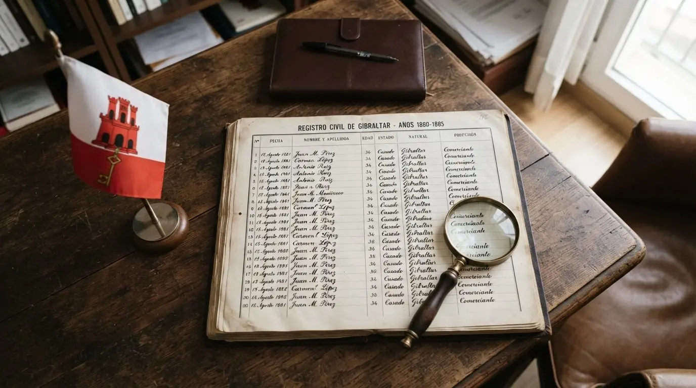 Escritorio con documentos oficiales, una lupa sobre un registro y la bandera de Gibraltar