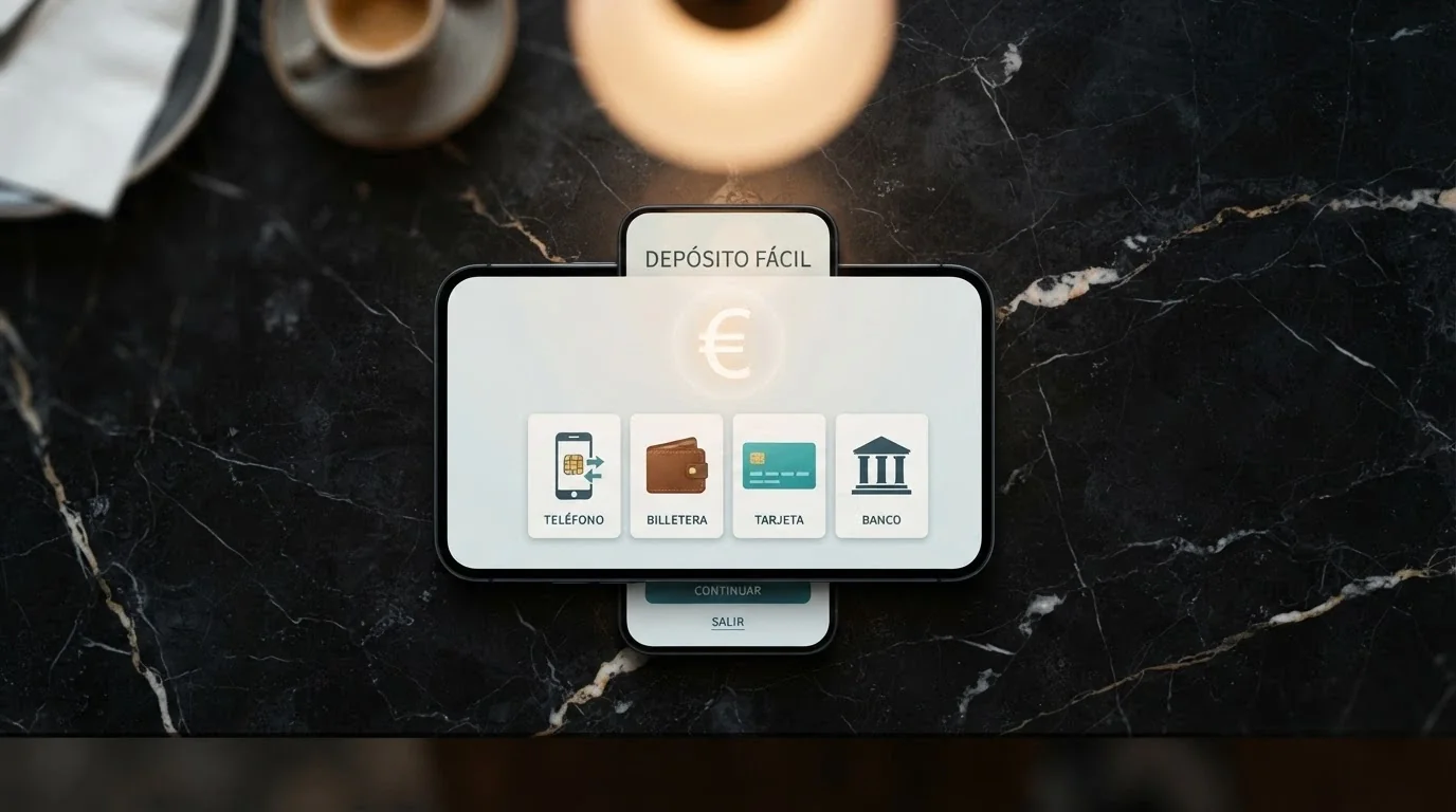 Un teléfono móvil mostrando la pantalla de depósito de un casino online español con los iconos de Bizum, PayPal, tarjeta bancaria y transferencia