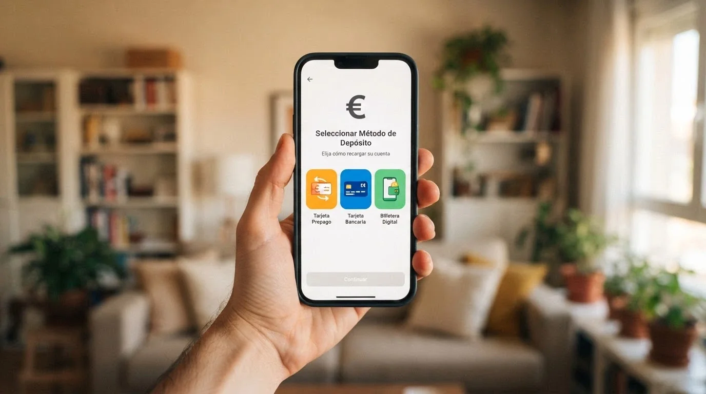 Un teléfono mostrando una pantalla de depósito con Paysafecard, tarjeta y criptomonedas como opciones