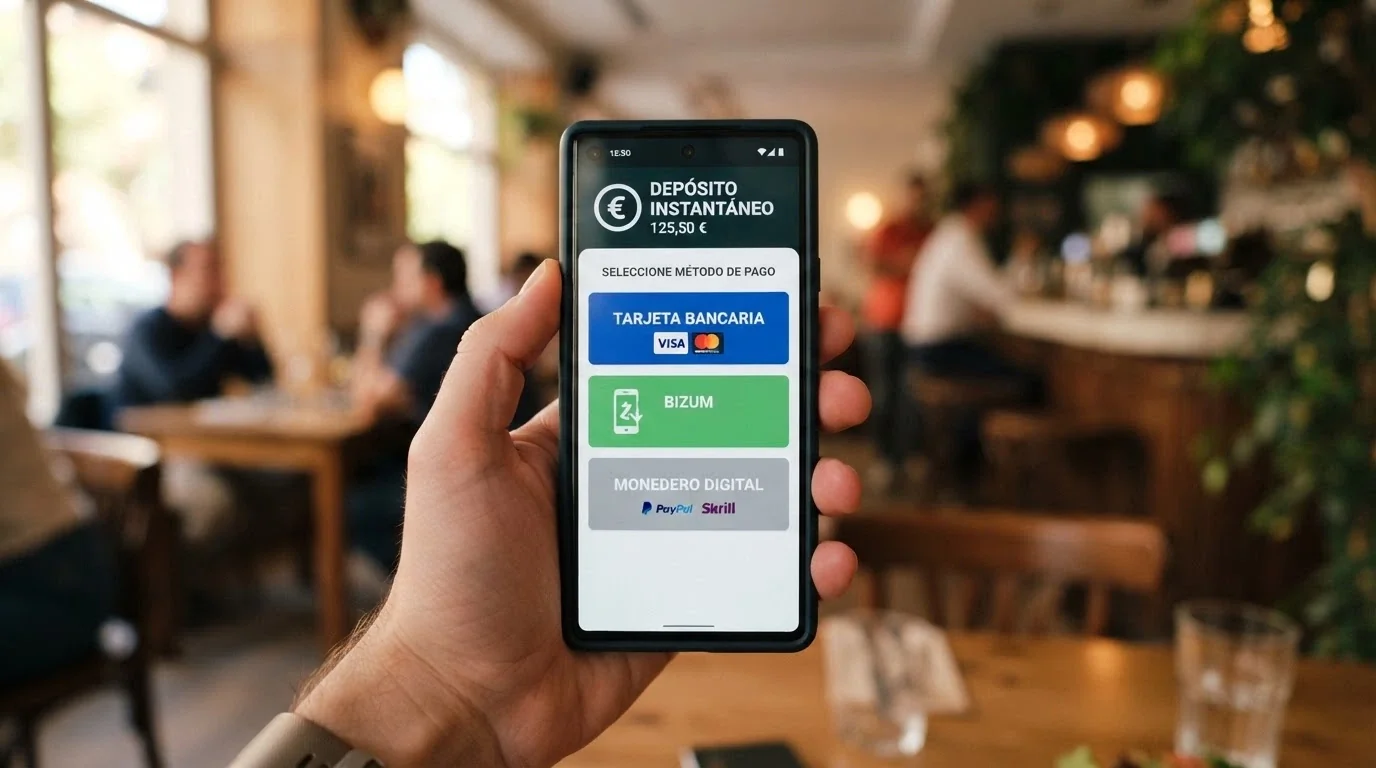 Una pantalla de depósito de casino móvil con los iconos de Bizum, tarjeta bancaria y Apple Pay como opciones disponibles
