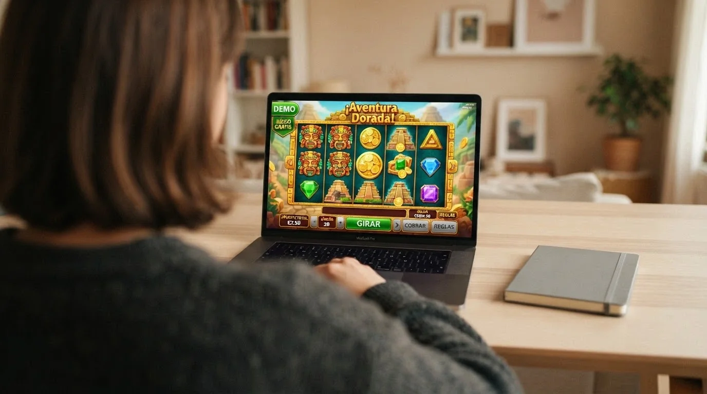 Modo demo de una tragaperras con fichas virtuales y el botón 'jugar gratis' visible en pantalla